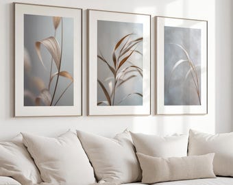 Set of 3 Light Brown Light Blue Shades Neutral Grass Botanical Rustic Wall Gallery
