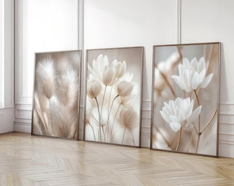 Weiße Blumen Poster, Minimalistische helle Ton Art Prints, Neutral Decor, 3er-Set