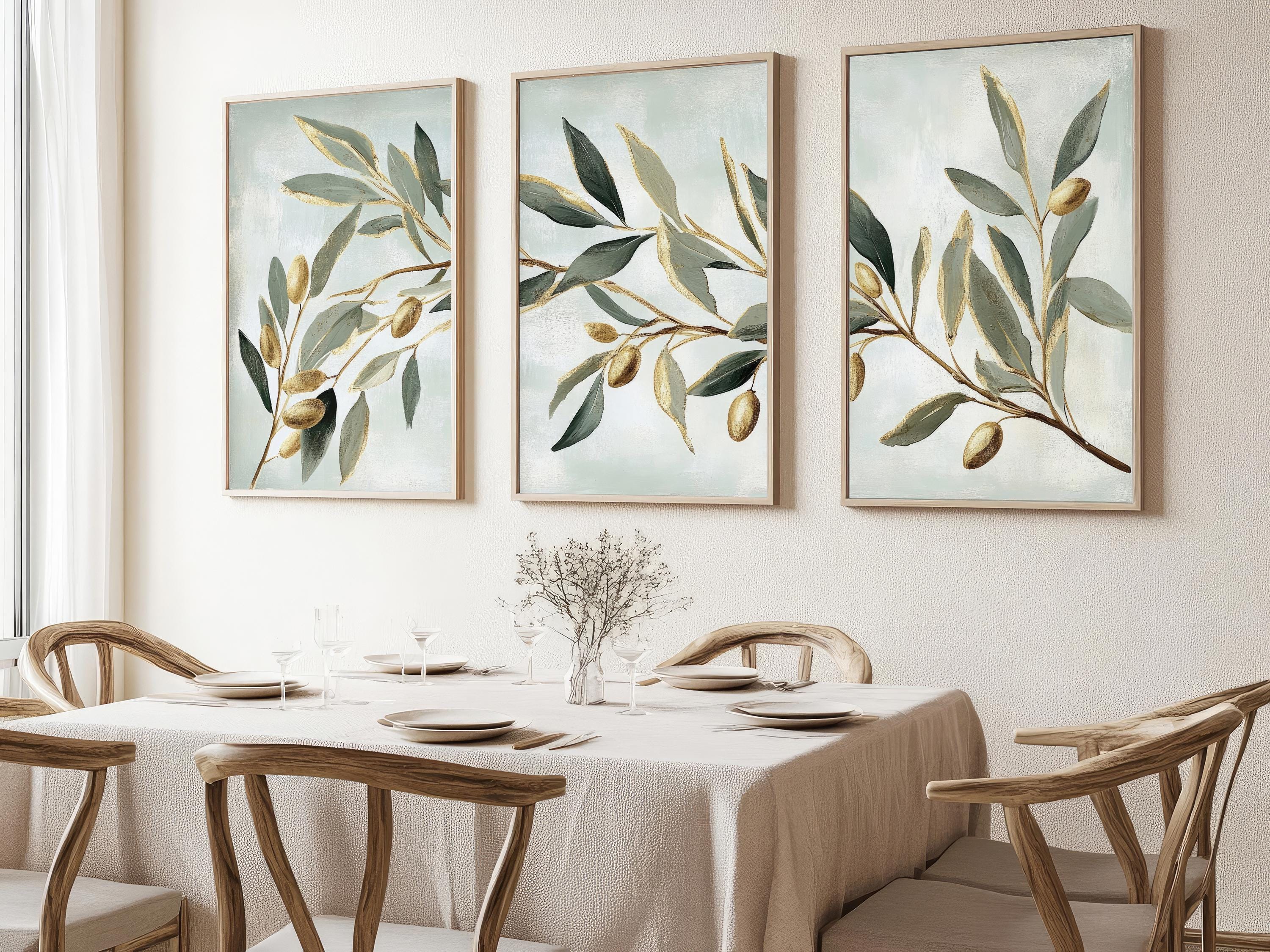 オリーブの枝の油絵セット：素朴な植物の壁アート三連画 - Etsy 日本