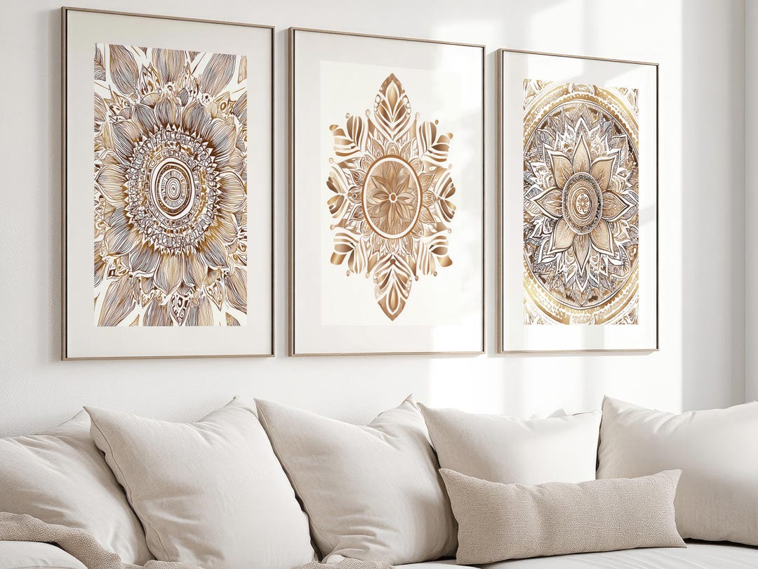 Beige Watercolor Mandala Wall Art Set, Boho Living Room Decor - Etsy