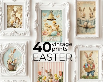 40 Vintage Easter Prints, Bunny and Chicks Wall Art (Digital Download)