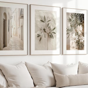 Può includere: Tre stampe artistiche incorniciate con cornici color oro. Le stampe presentano immagini in tonalità seppia: una scena di strada stretta, un rametto di foglie e un primo piano di fiori bianchi. L'opera d'arte è esposta sopra un divano beige con cuscini bianchi.