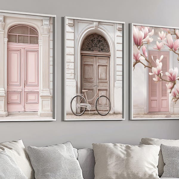 Pastel Doors and Magnolia Flowers Wall Art Prints, Spring Set of 3