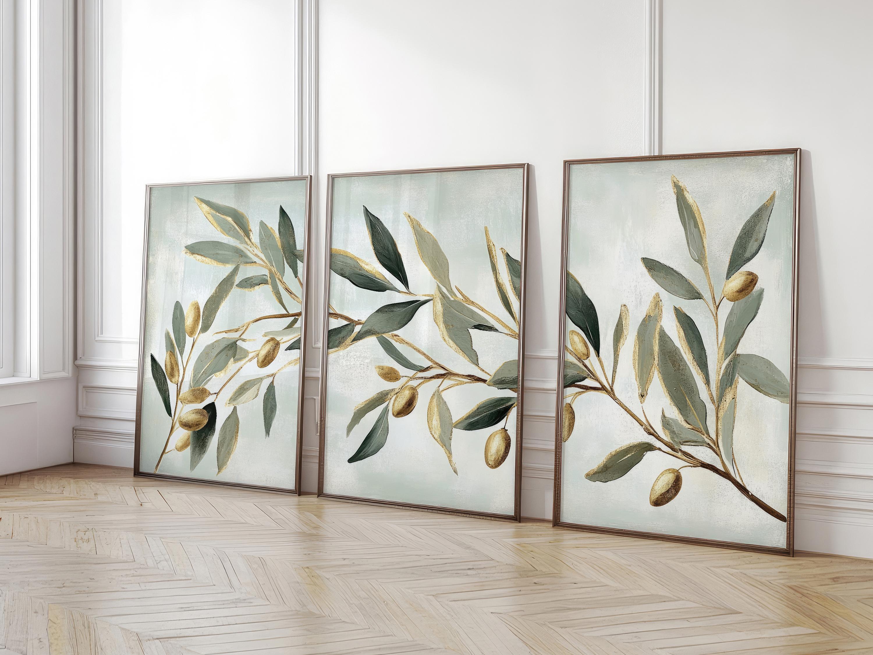 オリーブの枝の油絵セット：素朴な植物の壁アート三連画 - Etsy 日本