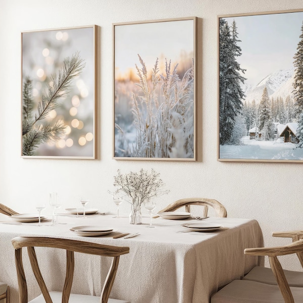 Winter Landscape Art Print Set: Neutral Christmas Gallery Wall Decor