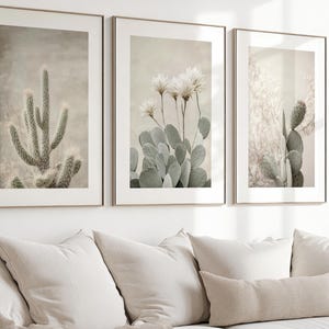 以下が含まれることがあります： 砂漠の植物写真が収められた3枚の額入りウォールアート。左のプリントは背の高い棘のあるサボテン、中央は白い花を咲かせたウチワサボテン、右は柔らかな明るい色調の葉を持つサボテンが描かれています。各プリントは細いフレームに収められています。