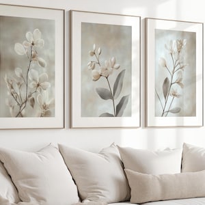 Pósters sobre fondo gris con flores en tonos neutros, primer plano, estilo vintage, arte mural, juego de 3