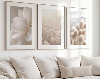 Beige Botanical Print Set: Neutral Tone Flower Wall Art