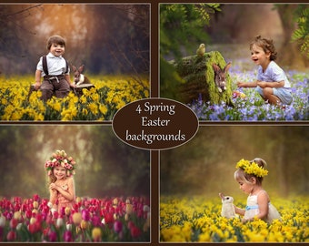 4 Easter Spring backgrounds, Spring backdrop, Easter backdrop, PSD backgrounds, PSD backdrop, Daffodils background, Tulips backdrop, Spring