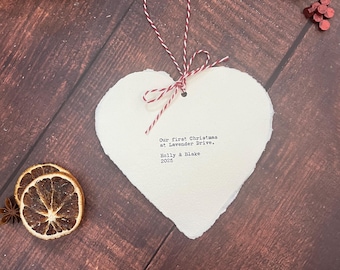 Personalised Christmas Ornament, Hand Typed Typewriter Heart, Cotton Rag Handmade Paper, Custom Hanging Decoration,