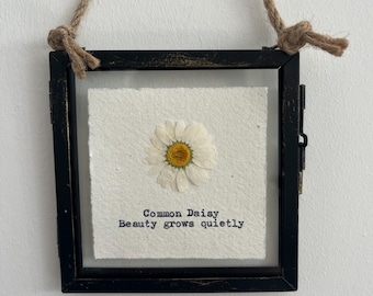 Handmade Pressed Daisy Mini Print,  Dried Flower Botanical Art, Typewriter Quote Gift on Cotton Rage Paper, (Framed or Unframed)