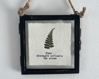 Handmade Pressed Fern Mini Print, Dried Flower Botanical Art, Typewriter Quote Gift on Cotton Rage Paper, (Framed or Unframed)