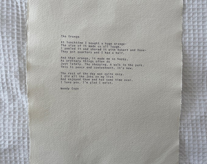A4 the Orange Wendy Cope Typewriter Poem Print, Poetry Quote, Wall Decor, Wall Art, Poetry Art