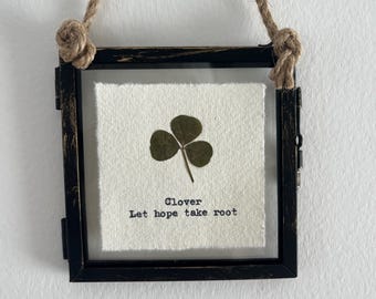 Handmade Pressed Clover Mini Print, Dried Flower Botanical Art, Typewriter Quote Gift on Cotton Rage Paper, (Framed or Unframed)