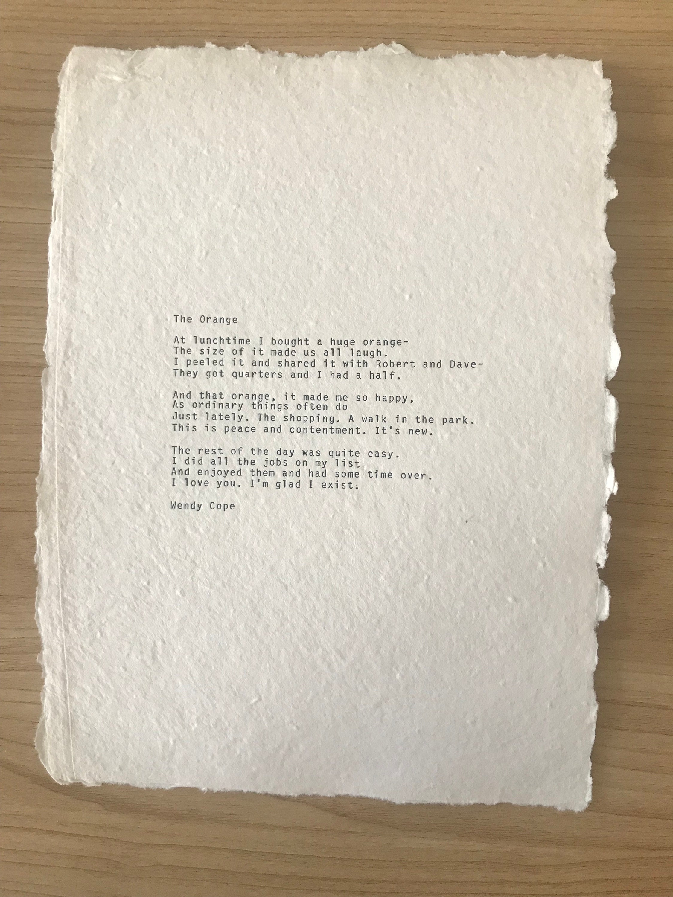 A4 the Orange Wendy Cope Typewriter Poem Print Poetry Quote Etsy UK