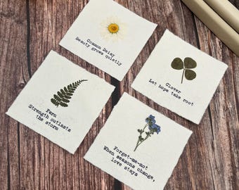 Set of 4 Pressed Flower Typewriter Prints, Framed or Unframed Mini Prints, Daisy Clover Forget Me Not Fern, Handmade Cotton Rag Paper