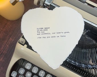 Personalised Typewriter Heart Print, Custom Cotton Rag Handmade Paper, Wax Seal Envelope