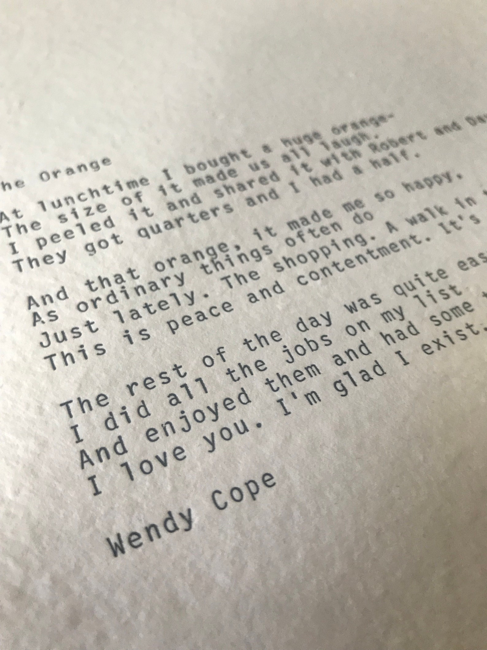 A4 the Orange Wendy Cope Typewriter Poem Print Poetry Quote Etsy
