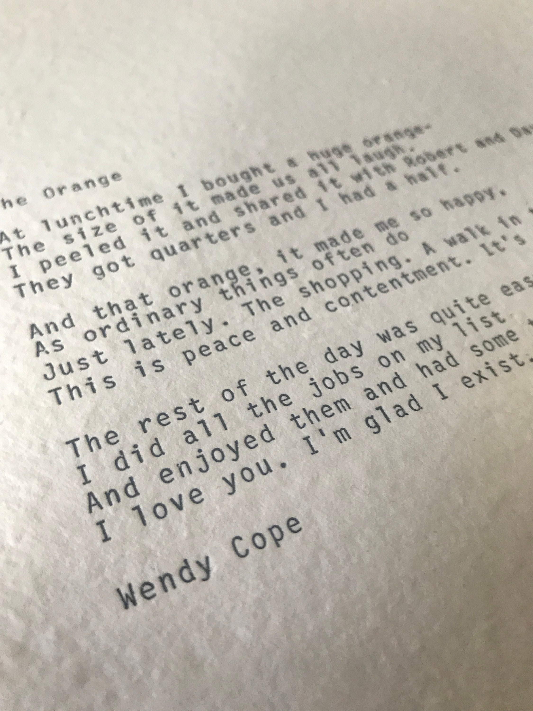 A4 the Orange Wendy Cope Typewriter Poem Print Poetry Quote Etsy UK