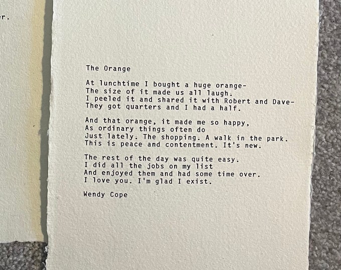 A5 the Orange Wendy Cope Typewriter Poem Print, Poetry Quote, Wall Decor, Wall Art, Poetry Art
