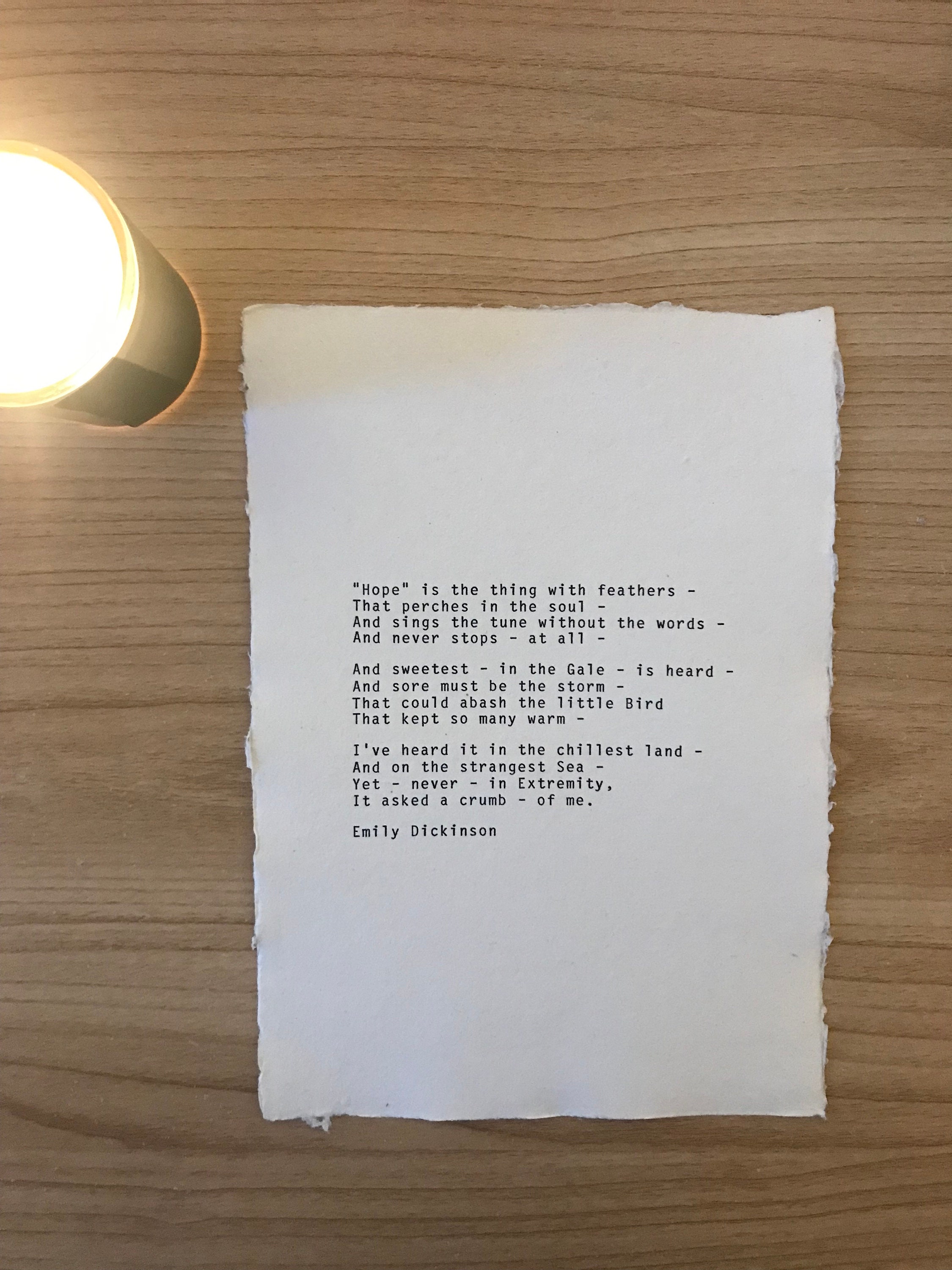 Hope is the thing with feathers, Emily Dickinson typewriter poetry print, handmade paper, cotton rag paper, literature print, wall art