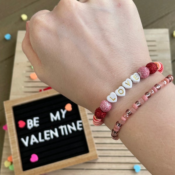 Valentines Bracelets | Heart Bracelets | Valentines Gift | Valentines Day | Valentines Beads | Beaded Bracelets | Heishi Bracelets