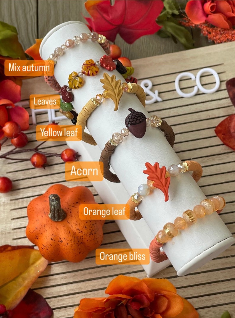 Op de afbeelding: Vijf armbanden met herfstthema met verschillende bedels, waaronder bladeren, eikels en een geel blad. De armbanden worden getoond op een witte standaard met de woorden "& CO" op de achtergrond. De armbanden zijn gelabeld met "Mix autumn", "Leaves", "Yellow leaf", "Acorn", "Orange leaf" en "Orange bliss".