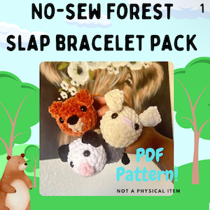 May include: A digital download PDF pattern for three no-sew slap bracelets featuring a brown bear, a white pig, and a black and white cow. The pattern is titled "NO-SEW FOREST SLAP BRACELET PACK" and "PDF Pattern! NOT A PHYSICAL ITEM".