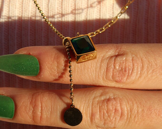 Green Stone Pendant Necklace, Square Pendant Necklace, 18K Gold Filled Women Necklace, Special Wearing Necklace, Gift for Her
