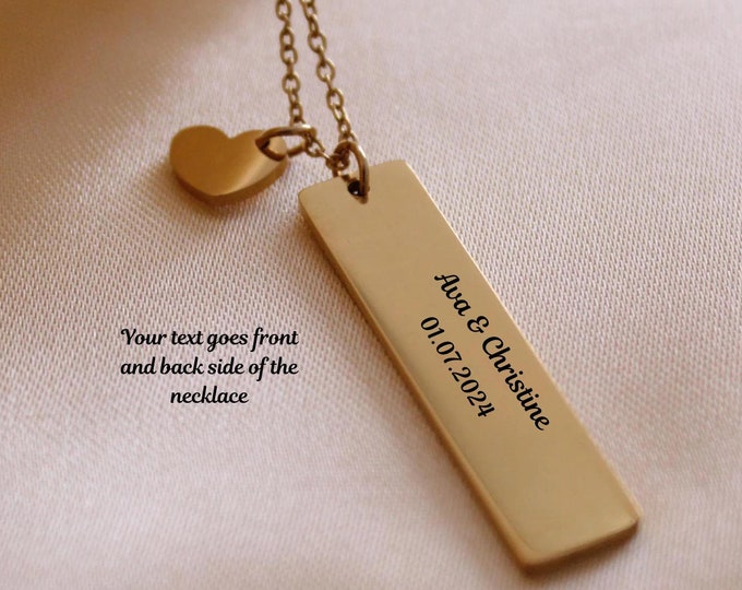 Customized & Engraved Heart and Square Pendant Necklace, Engravable Stainless Steel Necklace, Blank Vertical Bar, gift for her, Mothers Gift
