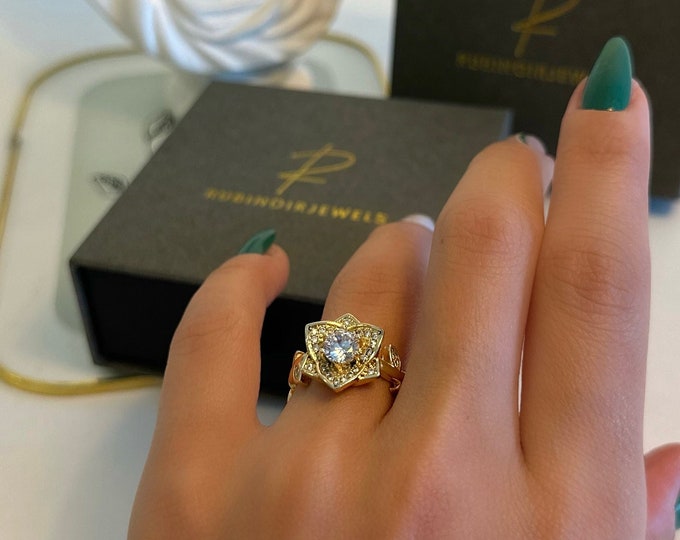 Glamorous 18K Gold Filled, Geometric Flower Ring, Micro Inlaid Zircon, Vintage Fancy Rings for Women's Jewelry