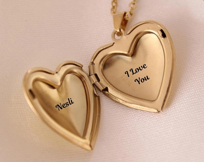 Customized & Engraved Love Heart Locket Necklace, Photo Frame Pendant Heart Locket Necklace, Heart Shaped, Stainless Steel, Gift for Mothers