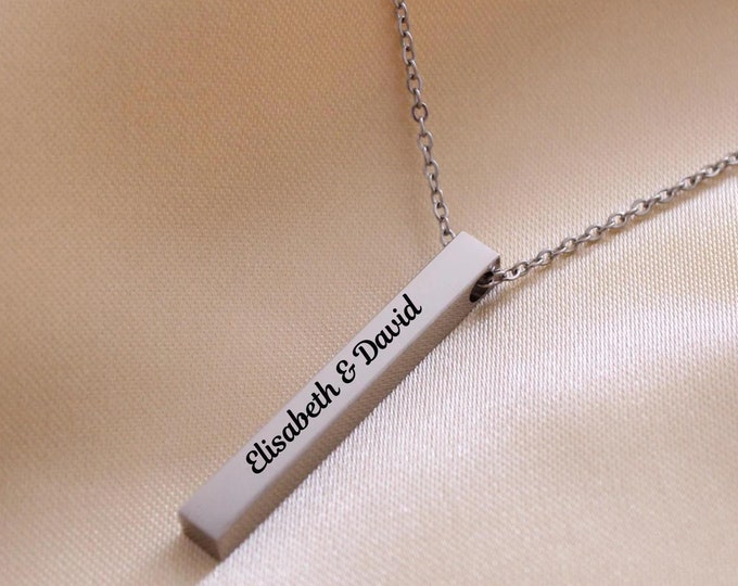 Customized & Engraved Silver Rectangle Necklace, Stainless Steel, Blank Vertical 3D Bar Necklace, Anniversary Gift, gift for her