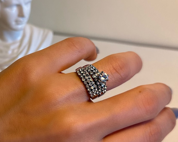 Silver Diamond, Zircon Gemstone, Promise and Engagement Wedding Rings Set, Stackable Rings, gift for her, Jewelry for Women's