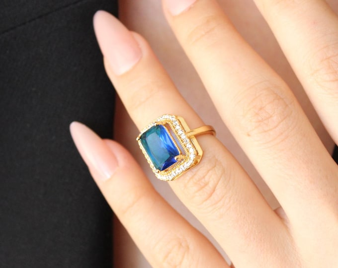 Luxury Blue Zircon Ring (Resizable) Jewelry, Gemstone Pendant, Rings for Bridal, Wedding, and Engagement for Women's Jewelry