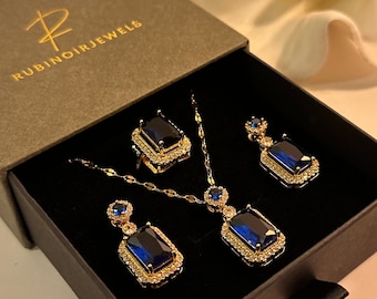 Luxury Blue Zircon Jewelry Set, Gemstone Pendant, Resizable Ring, Necklace, Earrings, Sapphire Ring, Engagement for Women's Jewelry