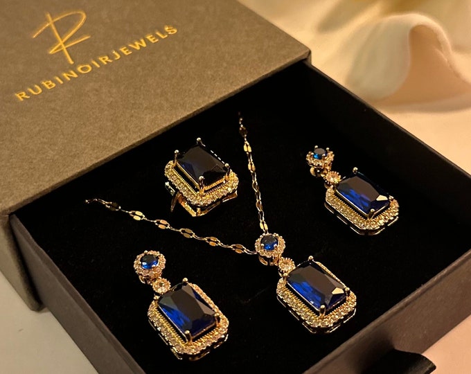 Luxury Blue Zircon Jewelry Set, Gemstone Pendant, Resizable Ring, Necklace, Earrings, Sapphire Ring, Engagement for Women's Jewelry