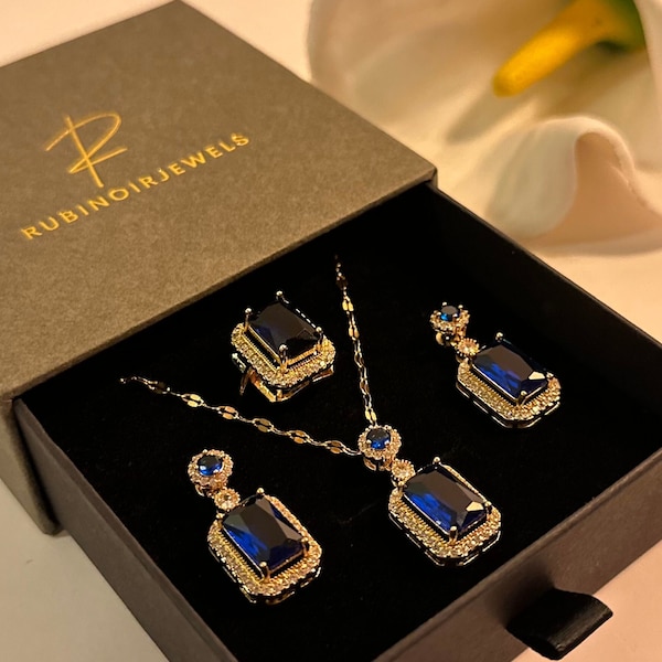 Luxury Blue Zircon Jewelry Set, Gemstone Pendant, Resizable Ring, Necklace, Earrings, Sapphire Ring, Engagement for Women's Jewelry