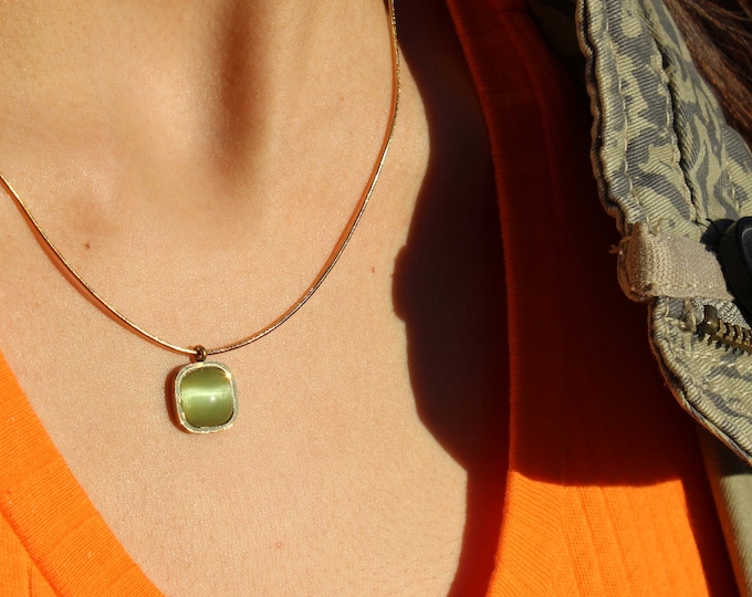 Square Green Pendant Necklace, Green Stone Necklace, 18K Gold Filled Women Necklace, Special Wearing Necklace, Gift for Her