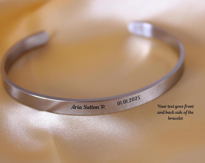 Customized & Engraved C Shape Bracelet, Simple Stainless Steel Adjustable Bracelet, Silver Tones, gift for her, Gift for Mothers