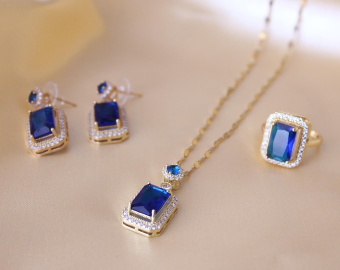Luxury Blue Zircon Jewelry Set, Gemstone Pendant, Resizable Ring, Sapphire Rings and Necklaces, Engagement for Women's Jewelry