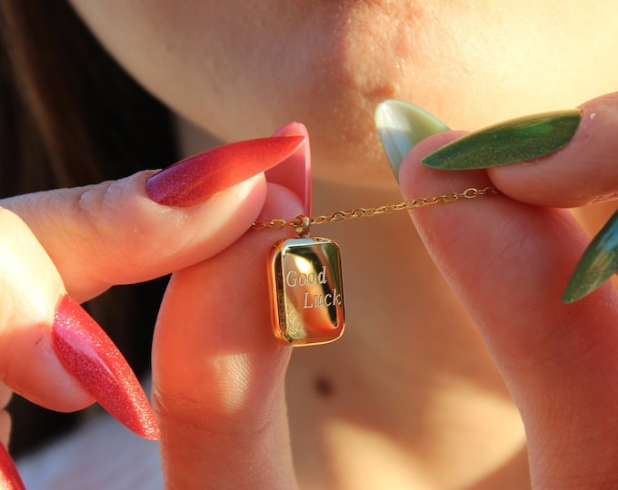 Good Luck Square Pendant Necklace, Women's Gold Pendant Necklace, 18K Gold Filled Women Necklace, Special Wearing Necklace, Gift for Her