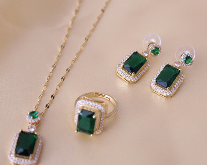 Luxury Green Zircon Jewelry 4pcs Set, Resizable Ring, Necklace, and Earrings, Sapphire Ring, Engagement Women's Jewelry, Sapphire Jewelry