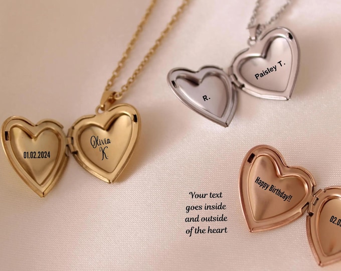 Customized & Engraved Love Heart Locket Necklace, Photo Frame Pendant Heart Locket Necklace, Heart Shaped, Stainless Steel, Gift for Mothers