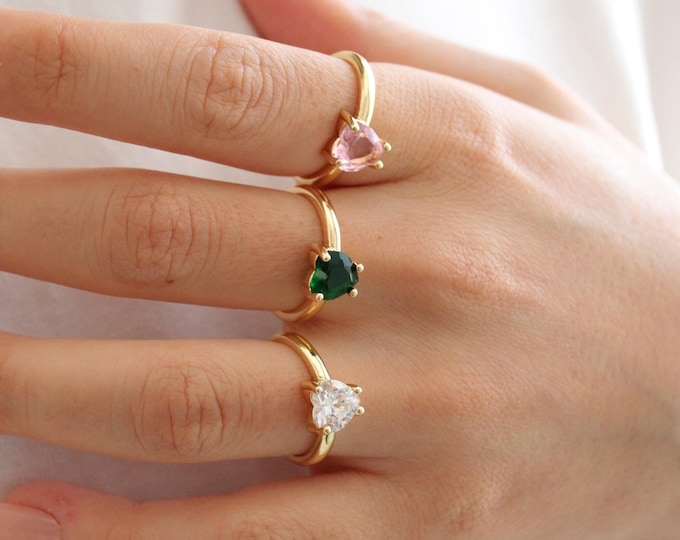Gemstone 18K Gold Filled Rings, Red, Purple, Green, White, Pink, Diamond Heart Ring, Resizable Zircon Ring, Heart Love Ring, Gift for Her