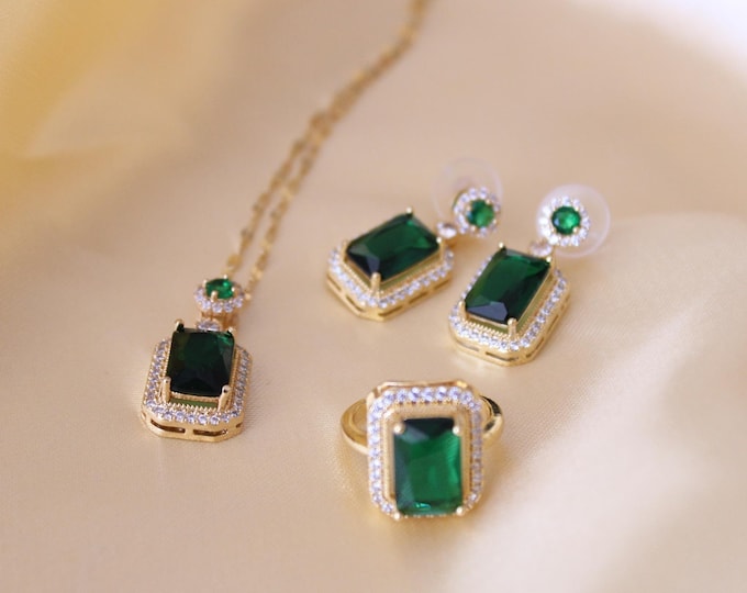 Luxury Green Zircon Jewelry 4pcs Set, Resizable Ring, Necklace and Earrings, Sapphire Jewelry, Sapphire Ring, Engagement Women's Jewelry