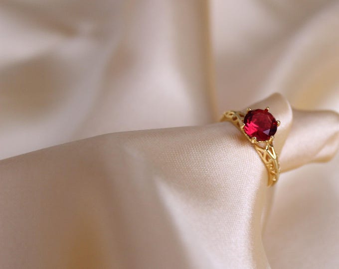 Vintage-Inspired Ruby Red Solitaire Ring – Stainless Steel | Elegant, Waterproof, Non-Tarnish, Jewelry for Her, Anniversary Gift