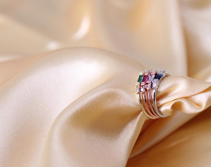 Elegant Baguette, Round Stone Ring, Multiple Colors, Jewelry for Women, Multi-Color Baguette & Round Rings, Stackable Rings for Women