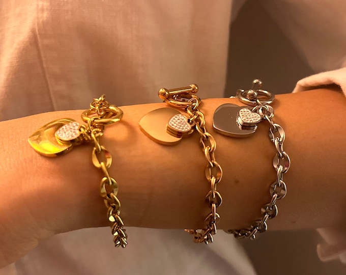 Locket Heart Bracelet Women Jewelry, 18k Gold Stainless Steel, Gift for Her, Gold Heart Bracelet, Handcrafted Bracelet