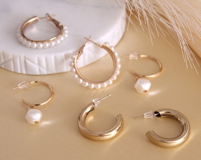 6pcs Set, Minimalist Earrings, Gift for Her, Gold Earrings (6pcs) Set, Geometric Pearl Earrings Set, Gift for Mom, Dainty Earrings